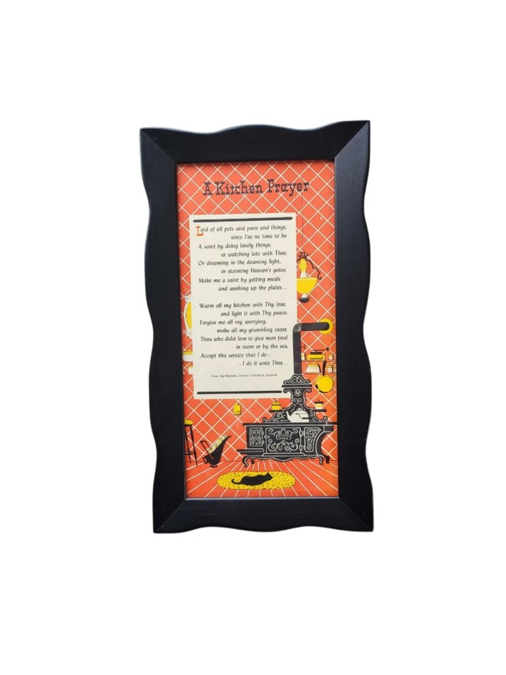 Vtg 1950s/1960s 'A Kitchen Prayer' Framed Wall Decor Orange Black 8.5"x15"